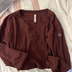 ALO Yoga Brown Ribbed Long Sleeve Crop Blouse